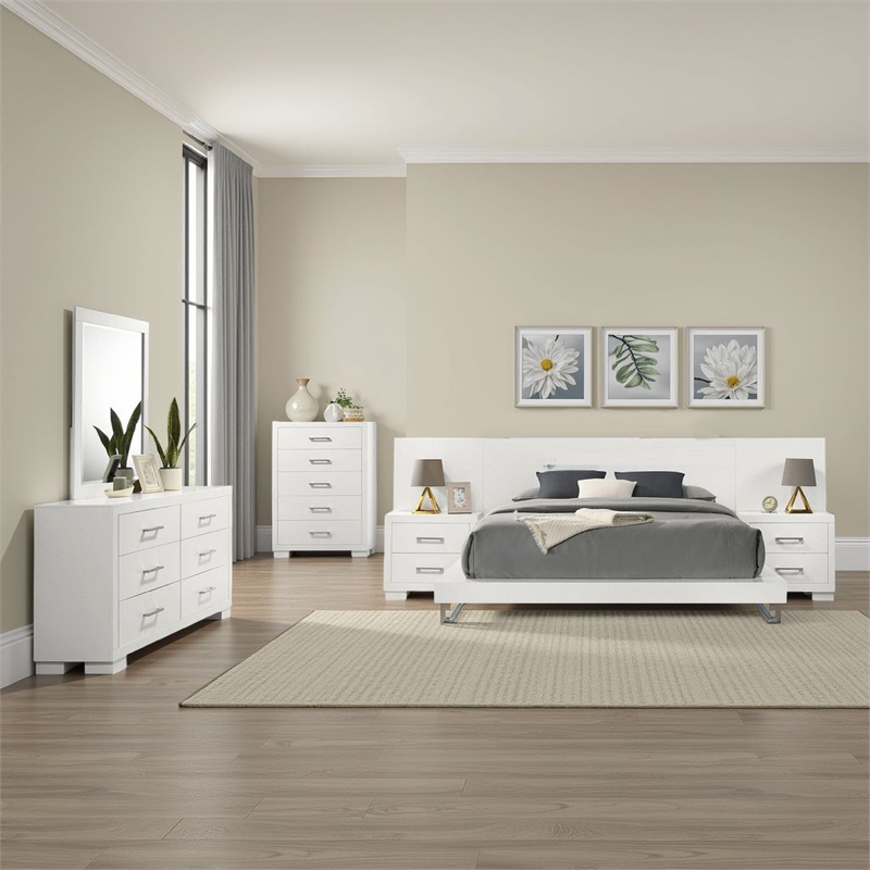 Pemberly Row 6 Piece Queen Bedroom Set with LED-Lit Bed in Snow White Wood