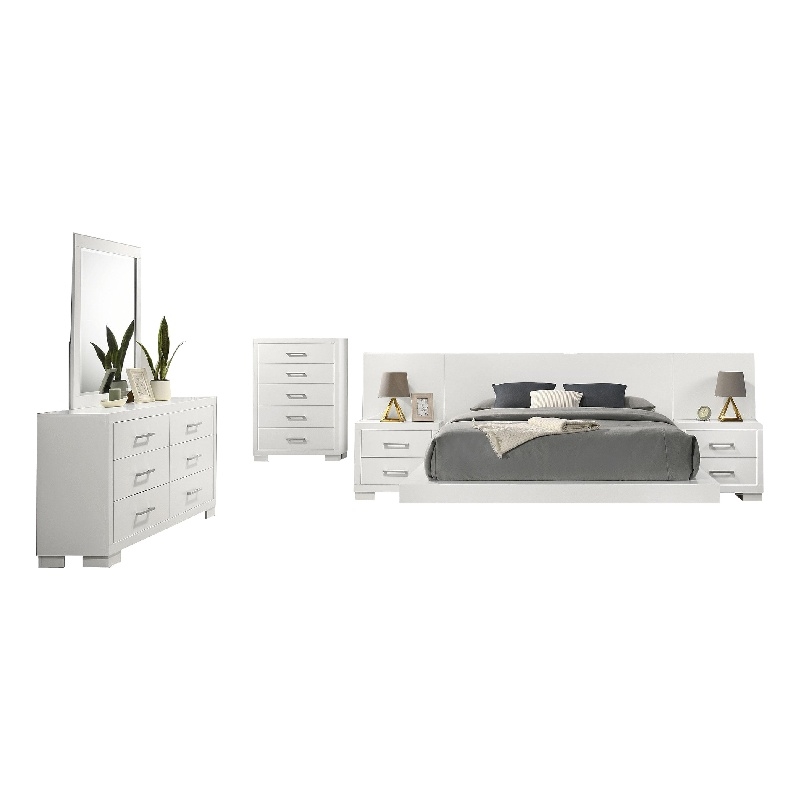 Pemberly Row 6 Piece Queen Bedroom Set with LED-Lit Bed in Snow White Wood