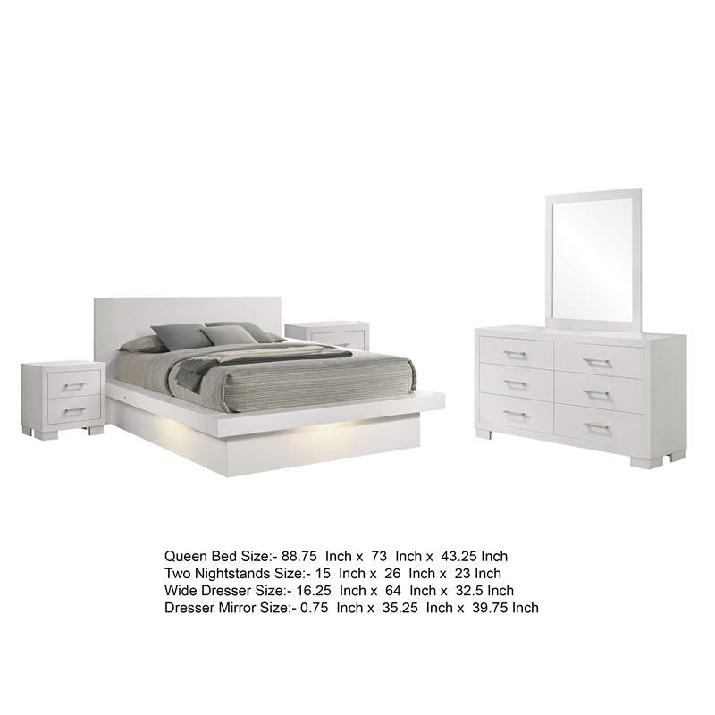 Pemberly Row 5 Piece Queen Bedroom Set with LED-Lit Bed in Snow White Wood