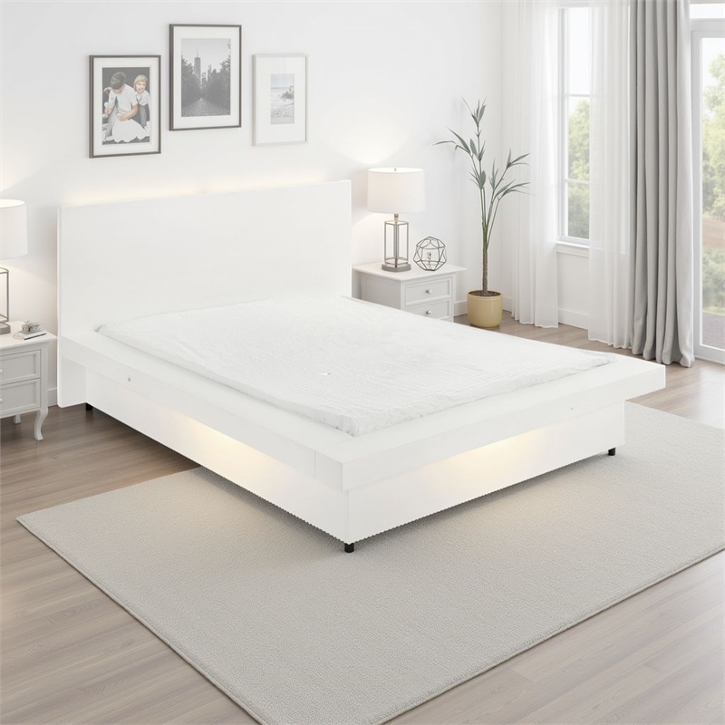 Pemberly Row 5 Piece Queen Bedroom Set with LED-Lit Bed in Snow White Wood