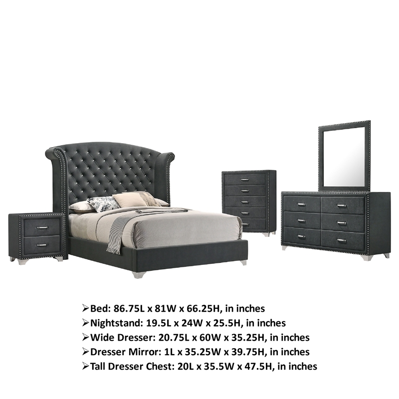 Pemberly Row 5pc Queen Bedroom Set with Tufted Dark Gray Velvet Upholstery
