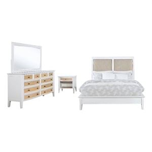 Pemberly Row 4pc Queen Set with Rattan Drawers and Brown Fabric in White
