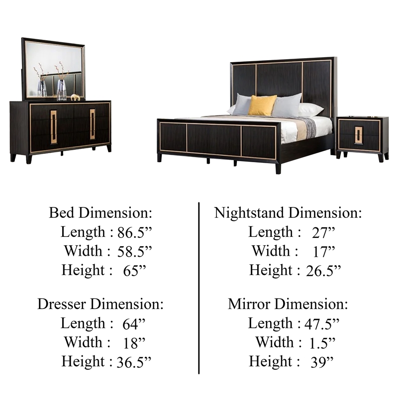 Pemberly Row 4pc Queen Set with Dresser Mirror in Espresso and Gold Trim