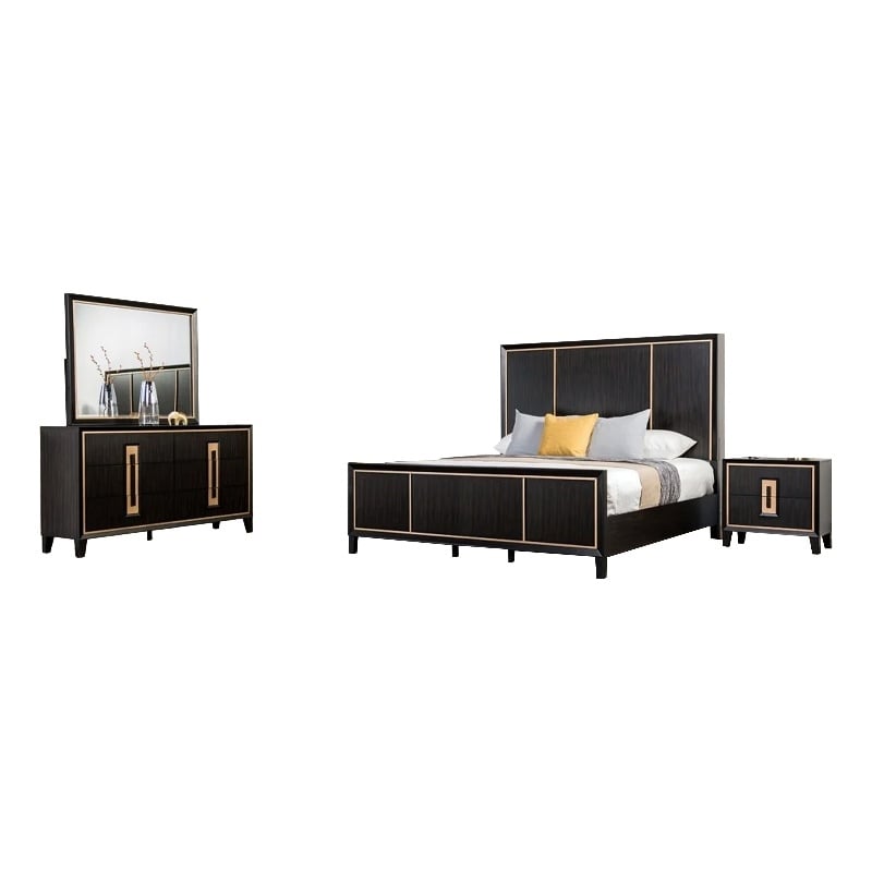 Pemberly Row 4pc Queen Set with Dresser Mirror in Espresso and Gold Trim