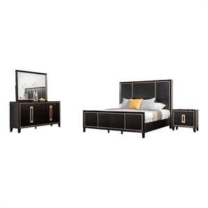 Pemberly Row 4pc Queen Set with Dresser Mirror in Espresso and Gold Trim