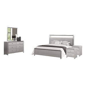 Pemberly Row 5pc Queen Set with LED Bookcase and 2 Nightstands in Silver