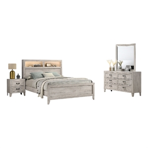 Pemberly Row 4pc Queen Set with Lighted Headboard Shelves in Whitewash