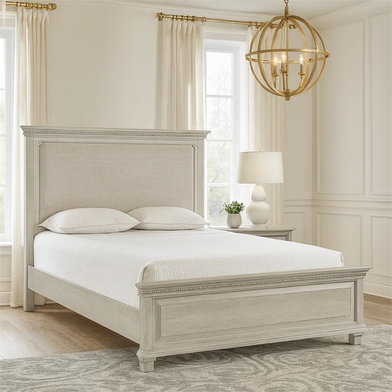Pemberly Row Queen Size Bed with Padded Headboard in Mist Gray Pine