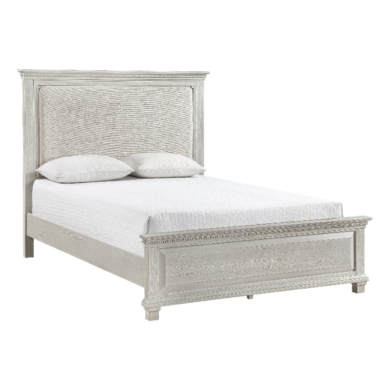 Pemberly Row Queen Size Bed with Padded Headboard in Mist Gray Pine