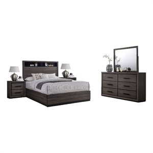 Pemberly Row 5pc Queen Set with Bookcase and 2 Nightstands in Gray