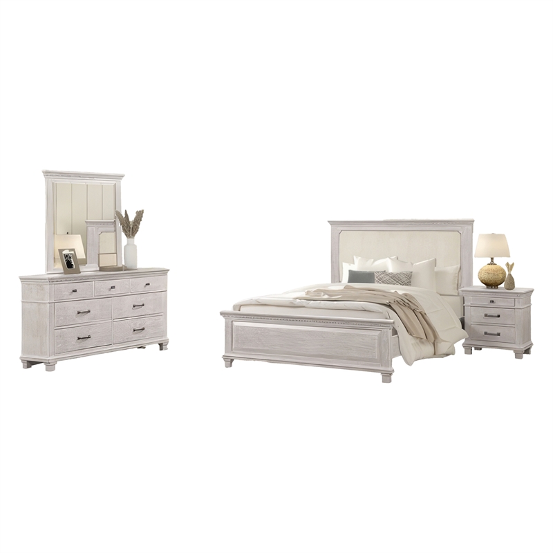 Pemberly Row 4pc Queen Bedroom Set with Cream Upholstery in Weathered Gray