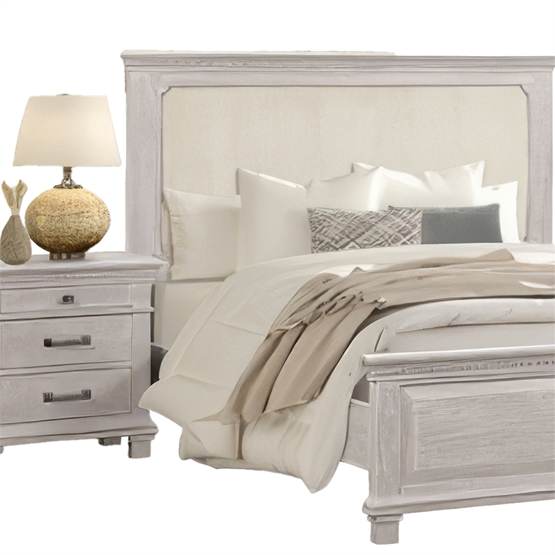 Pemberly Row 4pc Queen Bedroom Set with Cream Upholstery in Weathered Gray