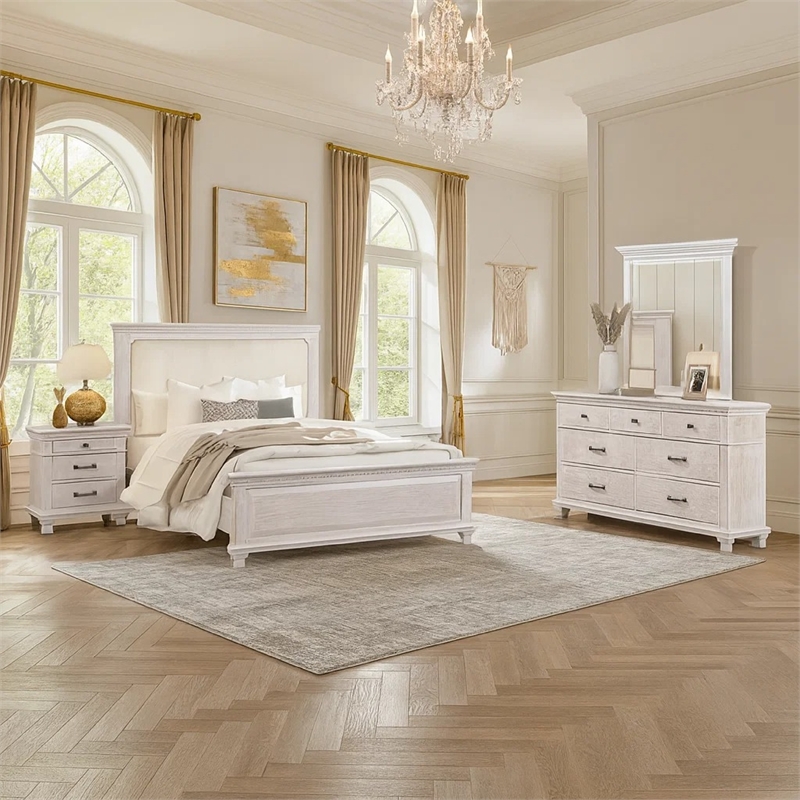 Pemberly Row 4pc Queen Bedroom Set with Cream Upholstery in Weathered Gray