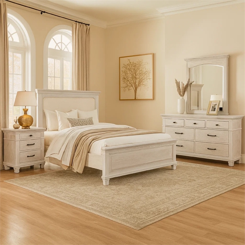 Pemberly Row 4pc Queen Bedroom Set with Cream Upholstery in Weathered Gray