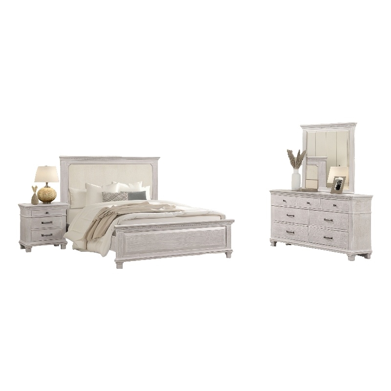 Pemberly Row 4pc Queen Bedroom Set with Cream Upholstery in Weathered Gray