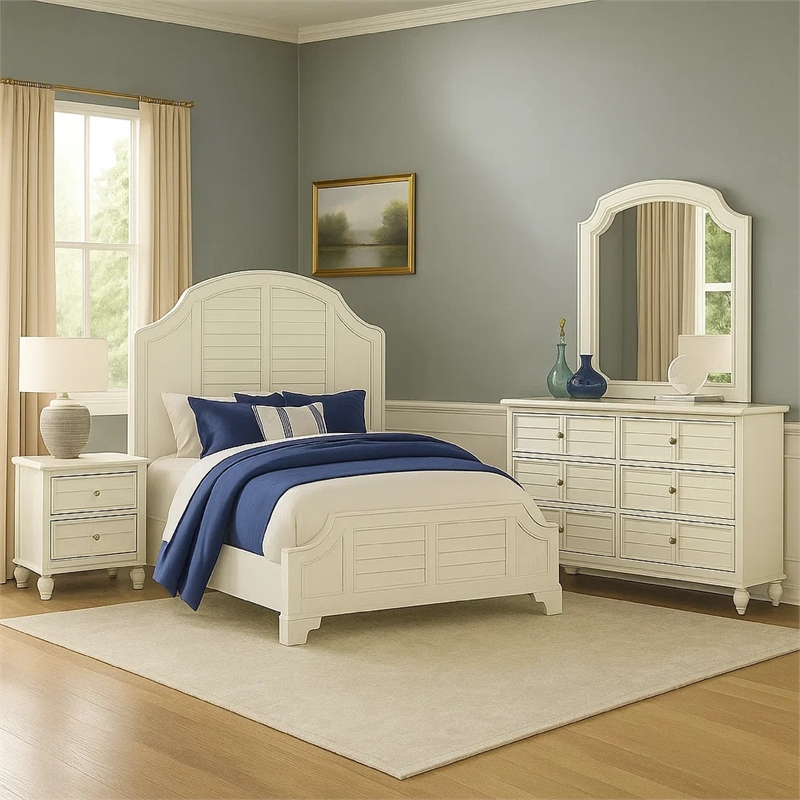 Pemberly Row 4pc Queen Set with Curved Louvered Headboard in Antique White