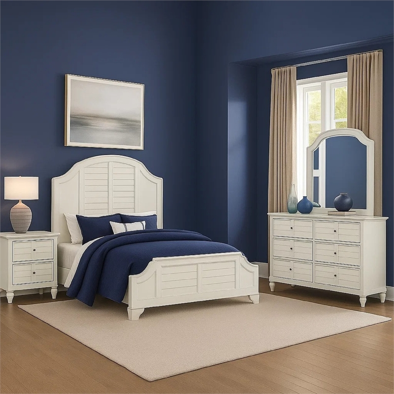 Pemberly Row 4pc Queen Set with Curved Louvered Headboard in Antique White
