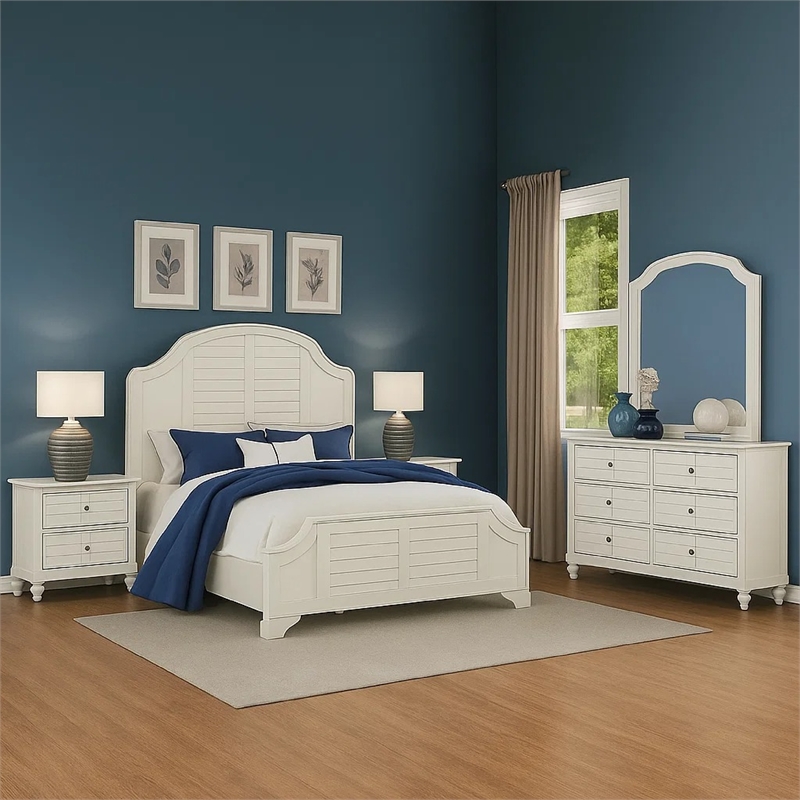 Pemberly Row 5pc Queen Set with Louvre and 2 Nightstands in Antique White