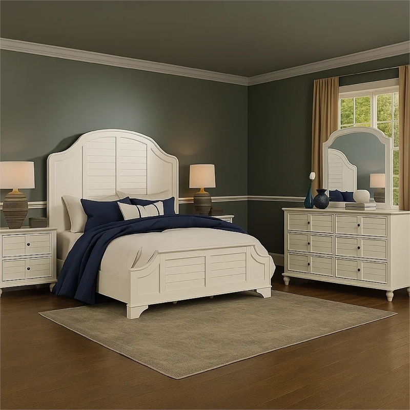 Pemberly Row 5pc Queen Set with Louvre and 2 Nightstands in Antique White