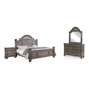 Pemberly Row 4pc Queen Bedroom Set with Carved Floral Details in Gray Wood
