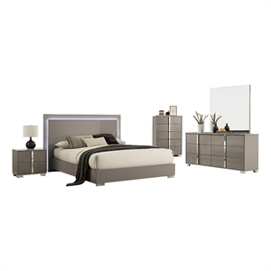 Pemberly Row 5pc Queen Set with LED Headboard and Chest in Light Taupe Gray
