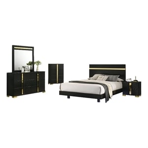 Pemberly Row 5pc Queen Set with Underbed LED and Chest in Black and Gold