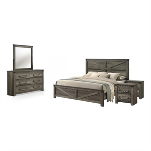 Pemberly Row 5pc Farmhouse Queen Set with 2 Nightstands in Rustic Gray