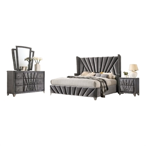 Pemberly Row 4pc Queen Set with Wingback Headboard in Gray Upholstery