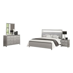 Pemberly Row 4pc Queen Set with LED Bookcase Headboard and Mirror in Silver