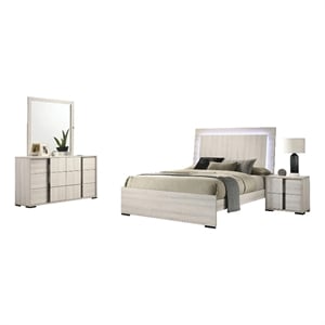 Pemberly Row 4pc Queen Set with LED Headboard and Mirror in Whitewash