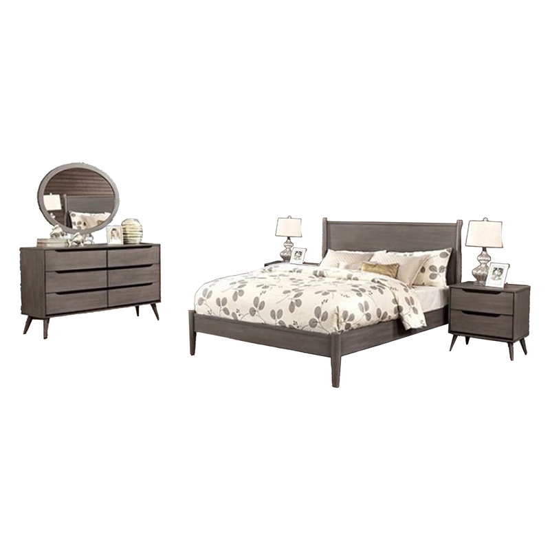 Pemberly Row 5pc Queen Set with 2 Nightstands and Oval Mirror in Gray Wood