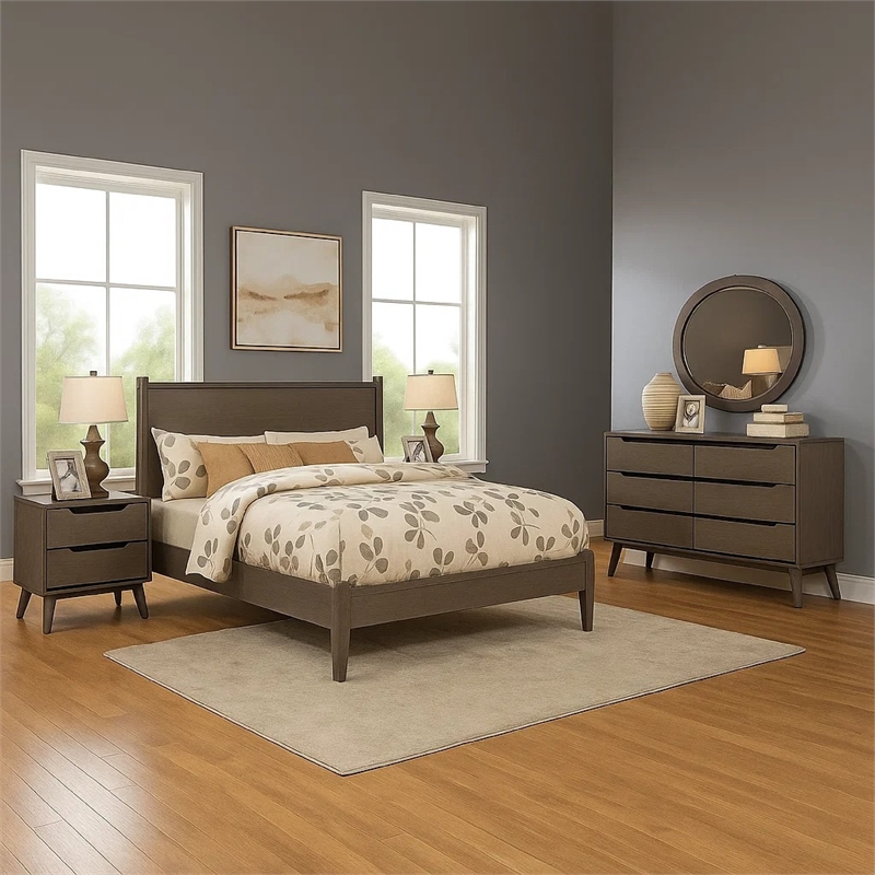 Pemberly Row 5pc Queen Set with 2 Nightstands and Oval Mirror in Gray Wood