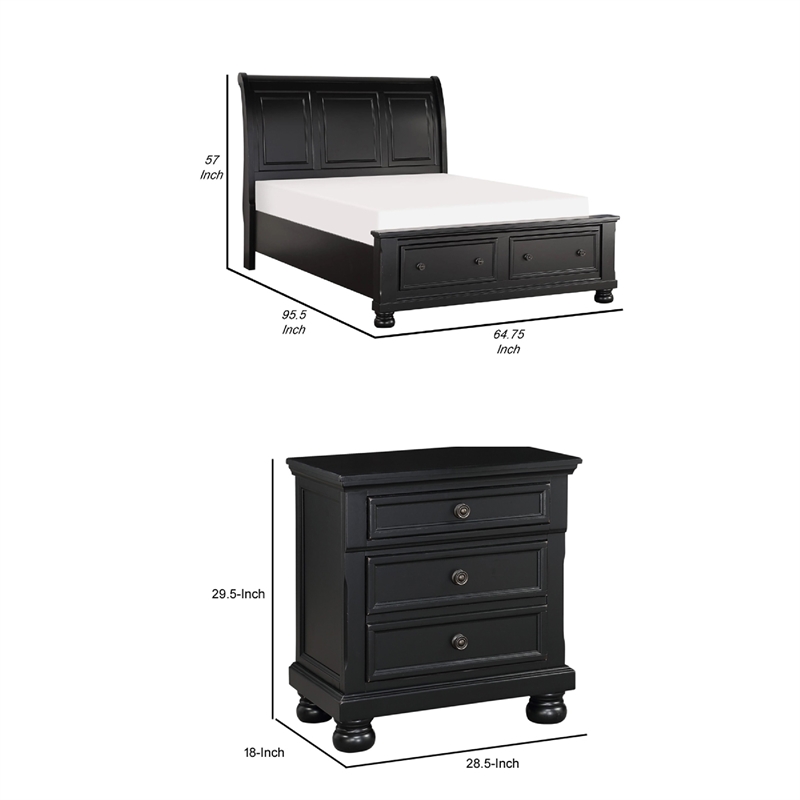Pemberly Row 3 Piece Queen Set with Storage Bed and 2 Nightstands in Black