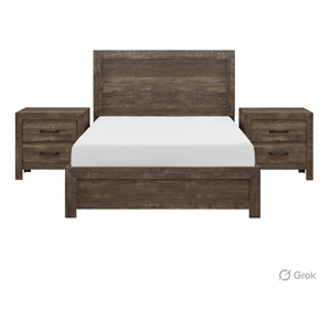 Pemberly Row 3pc Eastern King Panel Bed Set with 2 Nightstands in Brown