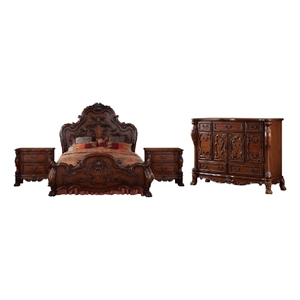 Pemberly Row 4pc Queen Set with Carved Wood and Dresser in Cherry Oak Brown