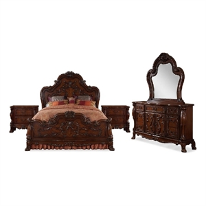 Pemberly Row 5pc Queen Set with Carved Wood Dresser and Mirror in Brown