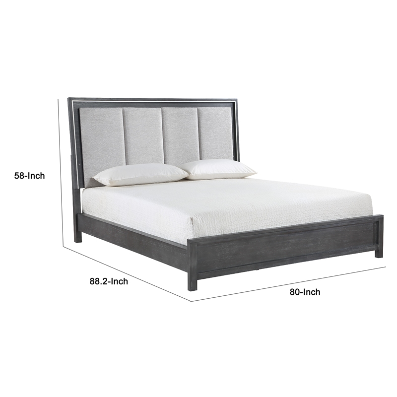 Pemberly Row King Bed with LED Headboard in Vertical Padded Gray Upholstery