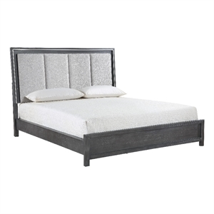 Pemberly Row King Bed with LED Headboard in Vertical Padded Gray Upholstery