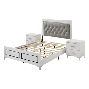 Pemberly Row 3 Piece Queen LED Tufted Bed Set with 2 Nightstands in White