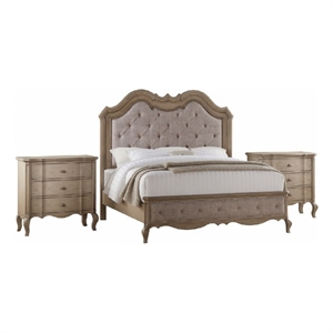 Pemberly Row 3pc Queen Contemporary Bed Set with 2 Nightstands in Brown