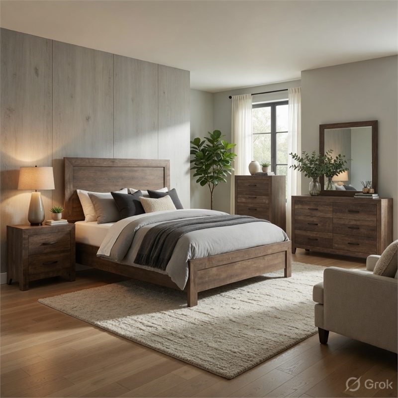 Pemberly Row 4 Piece Queen Panel Bed Set with Dresser and Chest in Brown