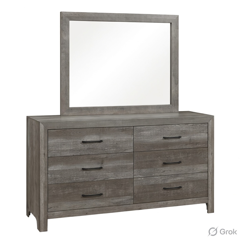 Pemberly Row 5 Piece Full Bed Set with 2 Dressers and Mirror in Gray