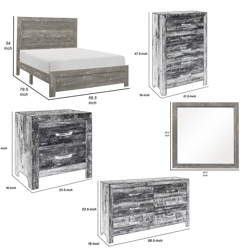 Pemberly Row 5 Piece Full Bed Set with 2 Dressers and Mirror in Gray