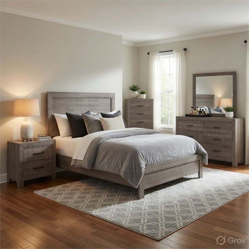 Pemberly Row 5 Piece Full Bed Set with 2 Dressers and Mirror in Gray