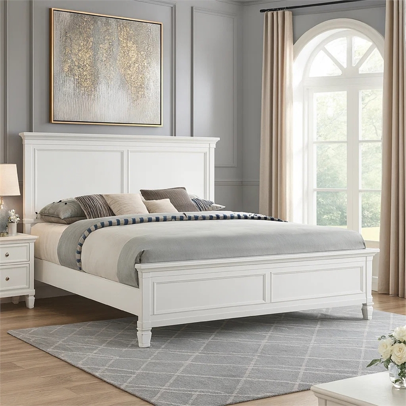 Pemberly Row King Bed with Solid Wood Panel Headboard in Farmhouse White