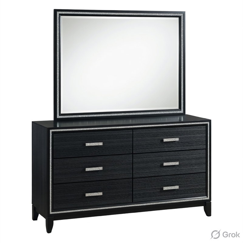 Pemberly Row 5 Piece Queen LED Bed Set with Dresser and Mirror in Black