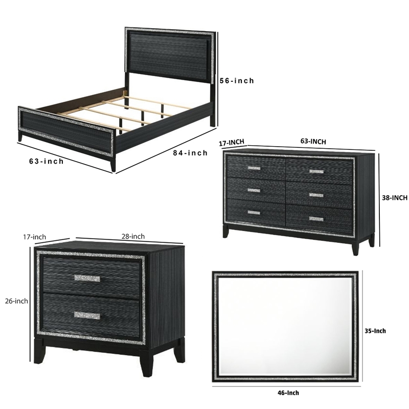 Pemberly Row 5 Piece Queen LED Bed Set with Dresser and Mirror in Black