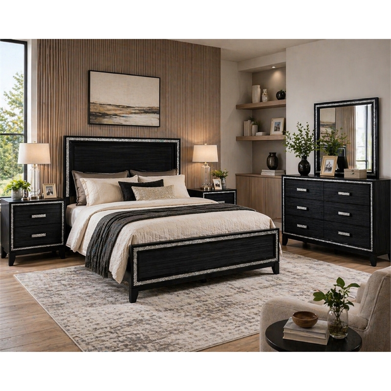 Pemberly Row 5 Piece Queen LED Bed Set with Dresser and Mirror in Black