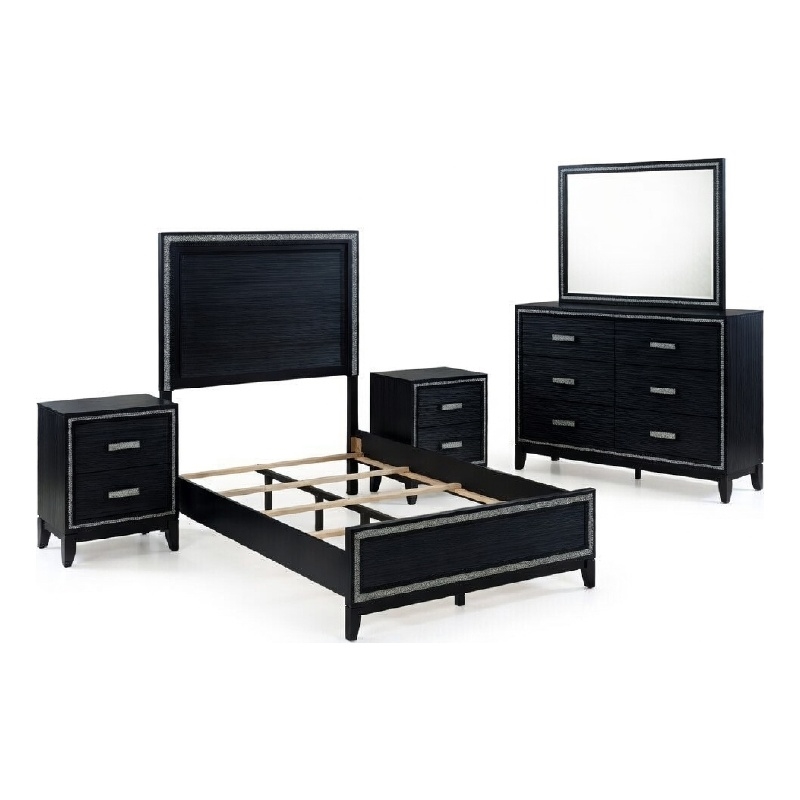 Pemberly Row 5 Piece Queen LED Bed Set with Dresser and Mirror in Black