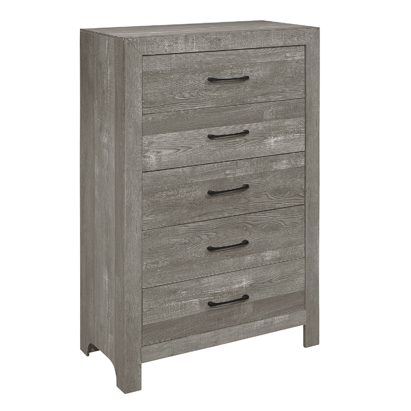Pemberly Row 5 Piece Queen Panel Bed Set with Dresser and Chest in Gray